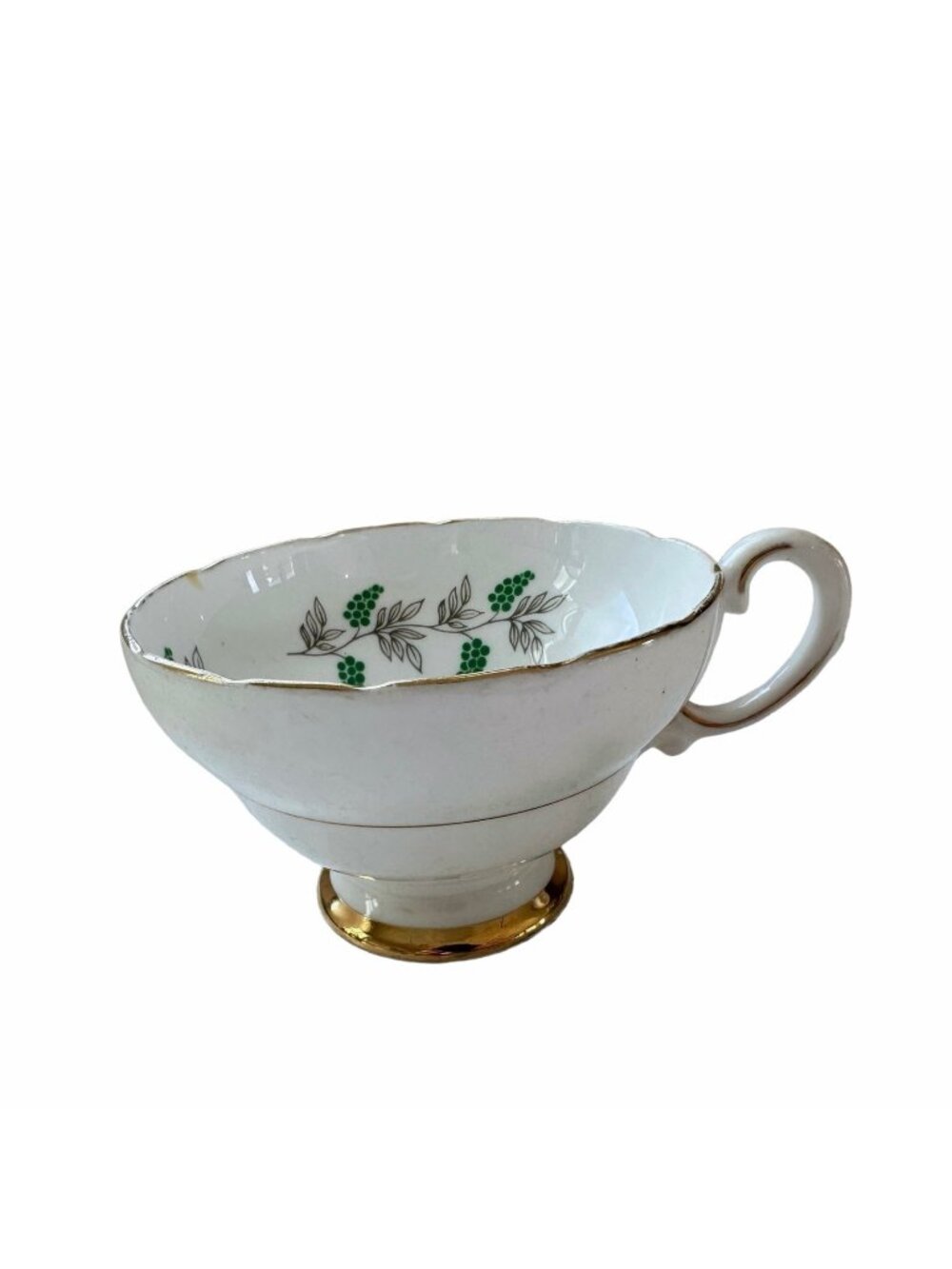Vintage Crown Staffordshire Bone China Teacup Green Grape Vine Gold Trim England